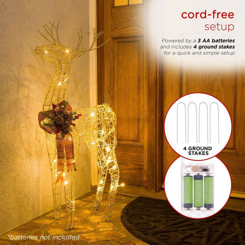 36 in. Gold Wire Christmas Reindeer Decor with White LEDs Large