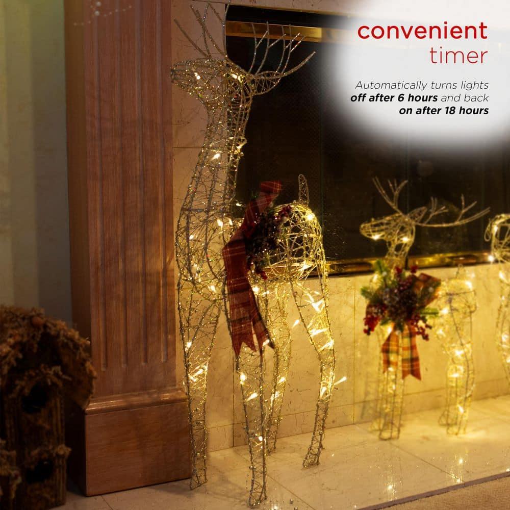 36 in. Gold Wire Christmas Reindeer Decor with White LEDs Large