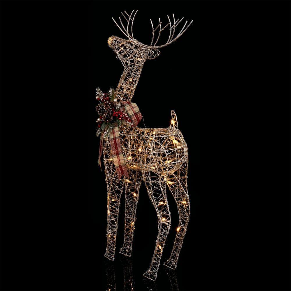 36 in. Gold Wire Christmas Reindeer Decor with White LEDs Large