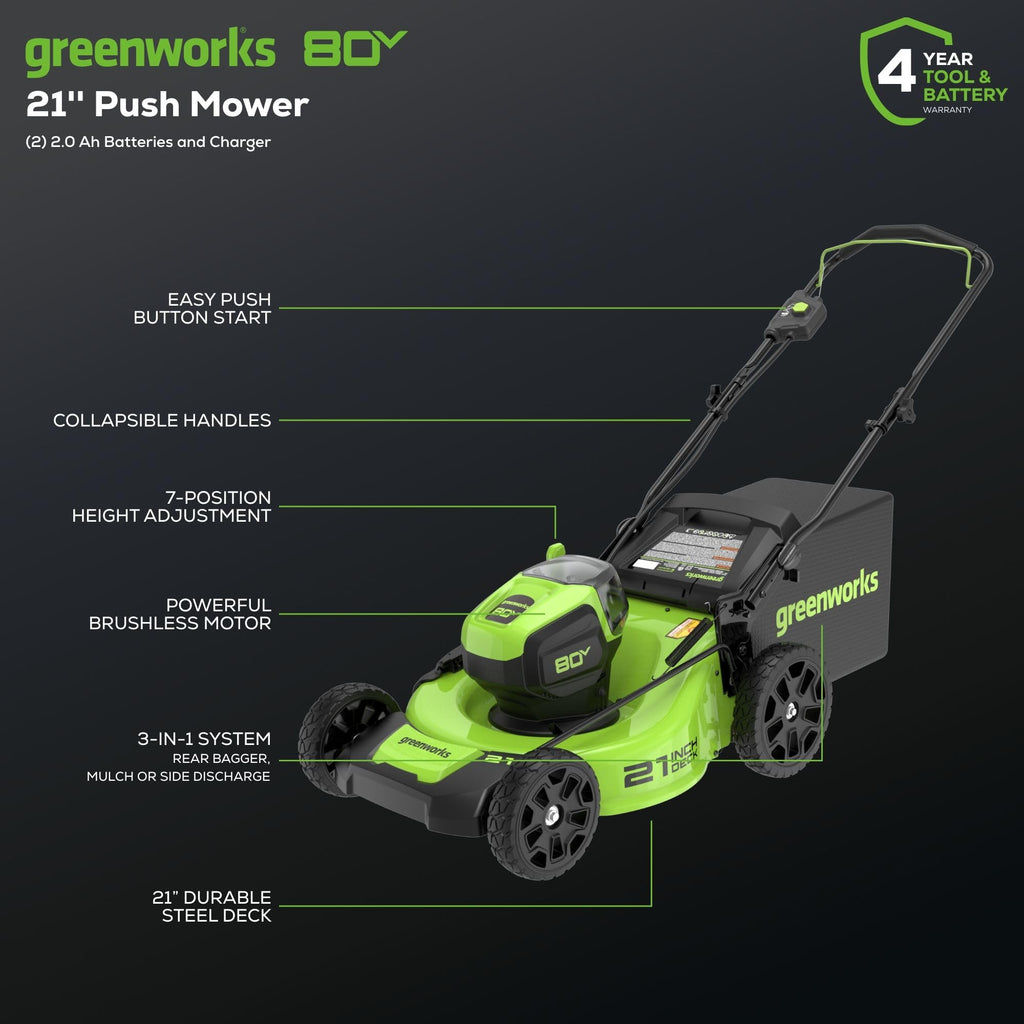 80V 21" Brushless Cordless (Push) Lawn Mower (75+ Compatible Tools), (2) 2.0Ah Batteries and 30 Minute Rapid Charger Included