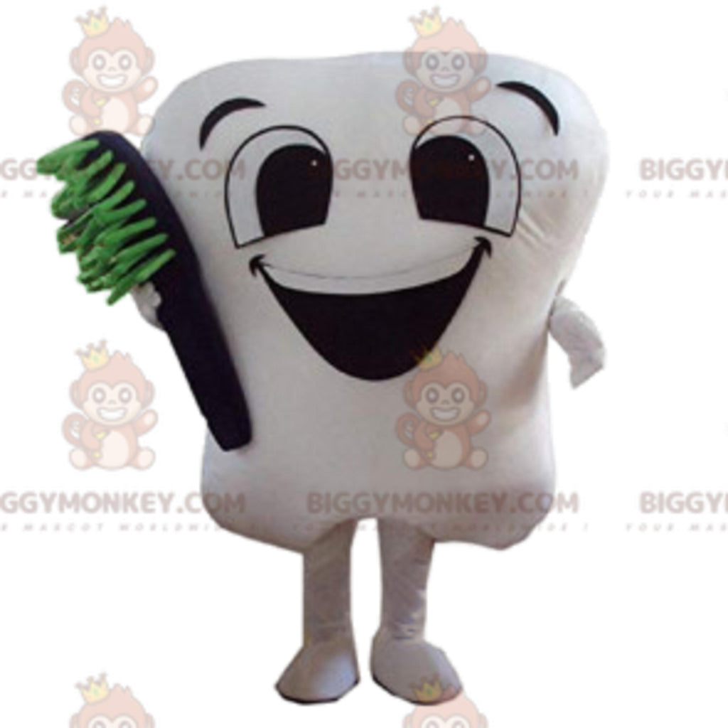 Cute White Tooth BIGGYMONKEYMascot Costume With Black Toothbrush