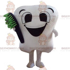 Cute White Tooth BIGGYMONKEYMascot Costume With Black Toothbrush