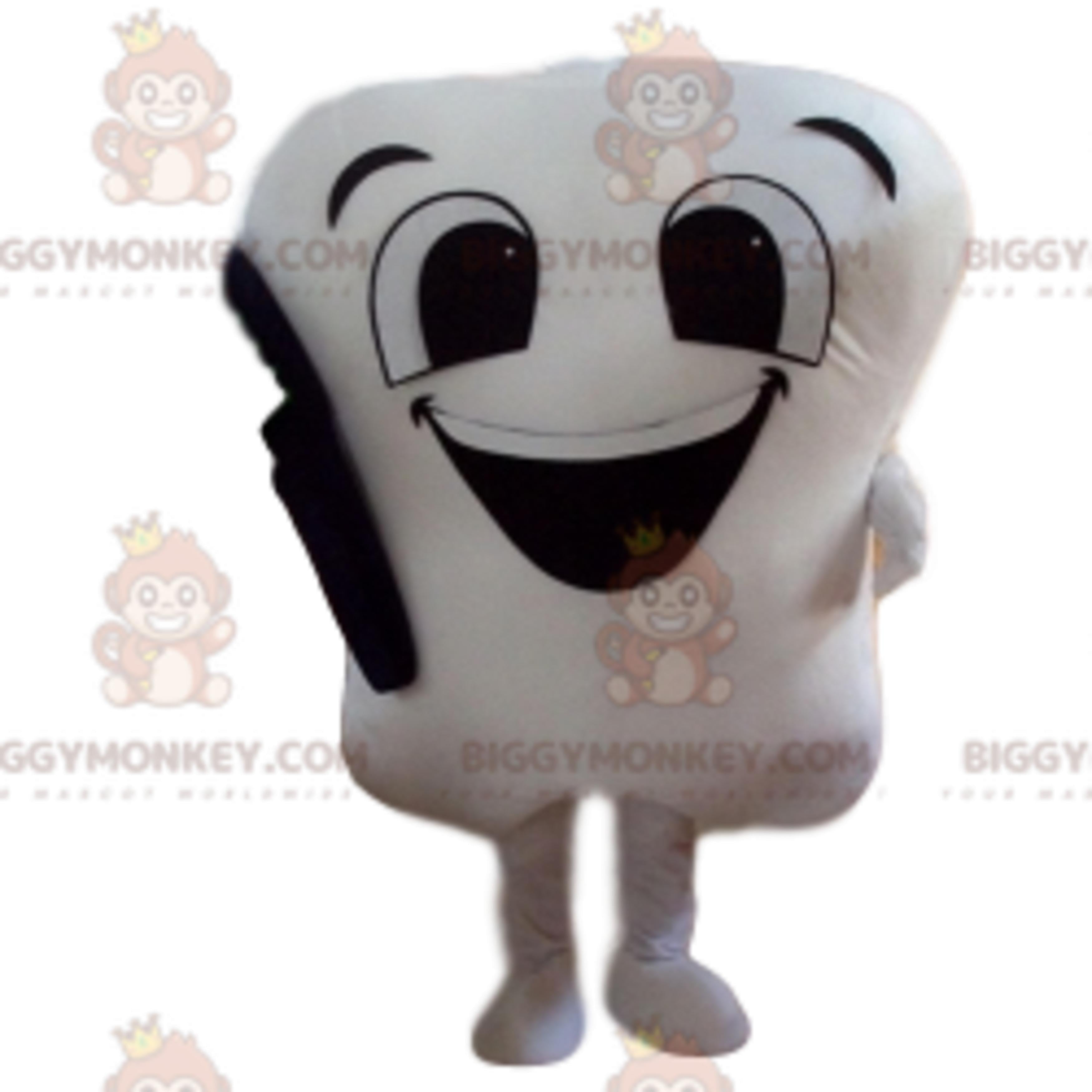 Cute White Tooth BIGGYMONKEYMascot Costume With Black Toothbrush
