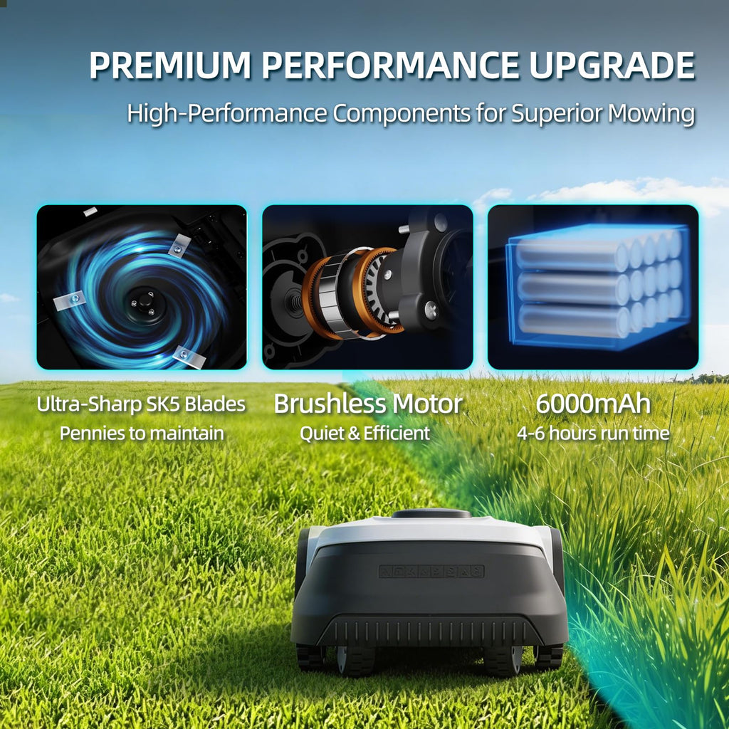 Lawn Mower, Visual+RTK Navigation, Works Under Trees, No Wire, Covers Up to 1/4 Acre, Robotic Mower with Auto Mapping &amp; 6000mAh high-Capacity Battery