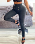 high waist button decor skinny pants