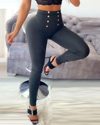 high waist button decor skinny pants
