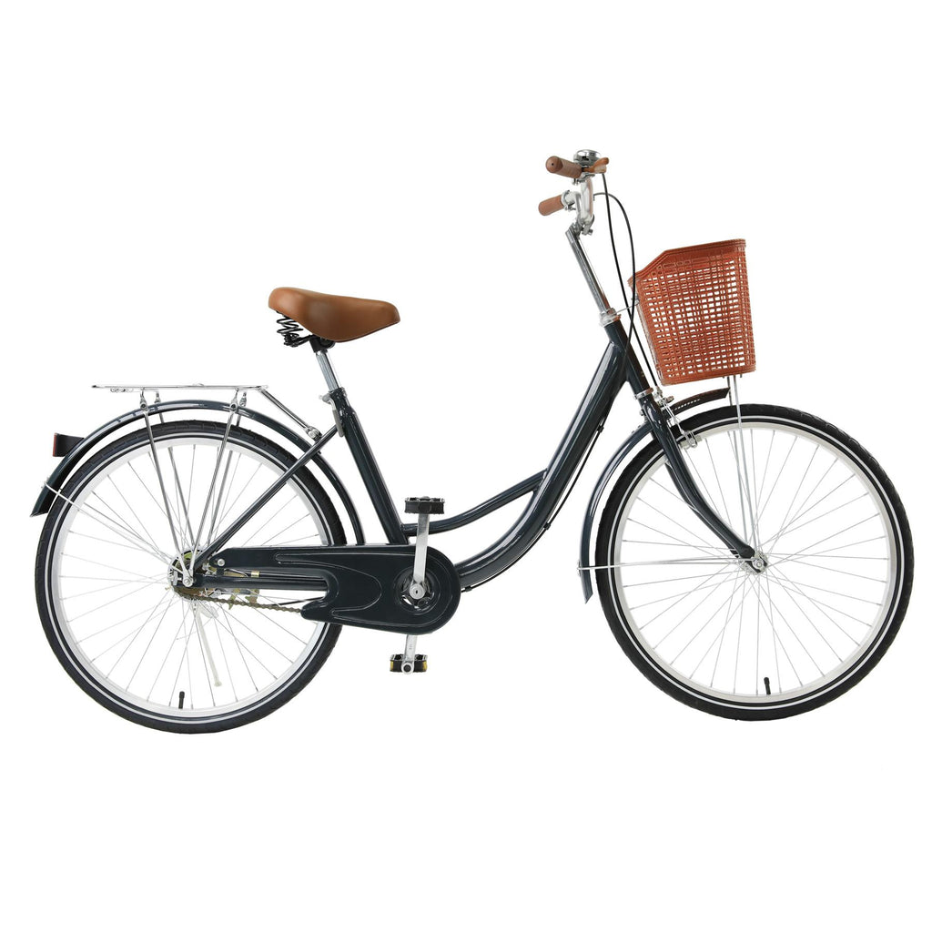 Viribus Women Beach Cruiser Bike, Comfortable Commuter Bicycle, Front Basket &amp; Bell, Rear Racks, 24" Wheels, Blue