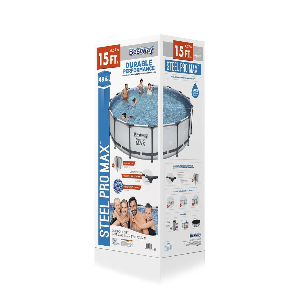 56690E Steel Pro Max 15Ft x 15Ft x 48In Round Metal Frame Above Ground Swimming Pool Set w/ 1000 GPH Pump, Ladder,
