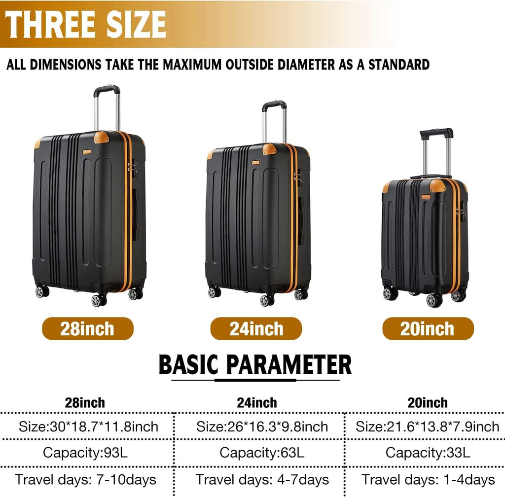 Luggage Sets Clearance 3 Piece Hardshell Lightweight With Spinner Wheels,20 24 28 Inch Suitcase With TSA Lock For Women Travel(black&amp;orange)