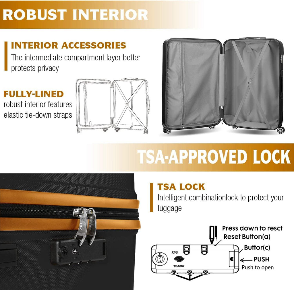 Luggage Sets Clearance 3 Piece Hardshell Lightweight With Spinner Wheels,20 24 28 Inch Suitcase With TSA Lock For Women Travel(black&amp;orange)