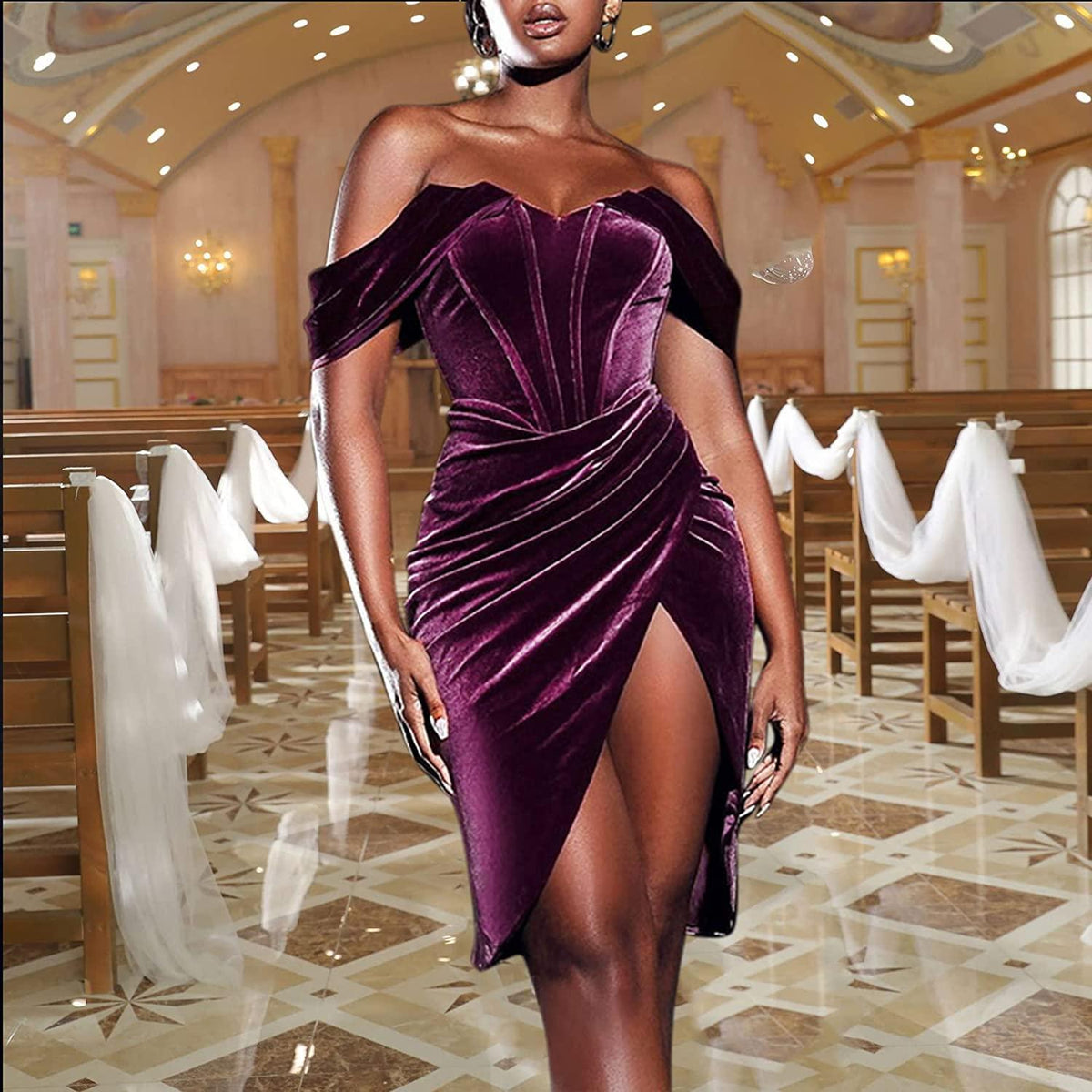 Women's Off Shoulder Banquet Dress Backless Side Slit Bodycon Midi Dress