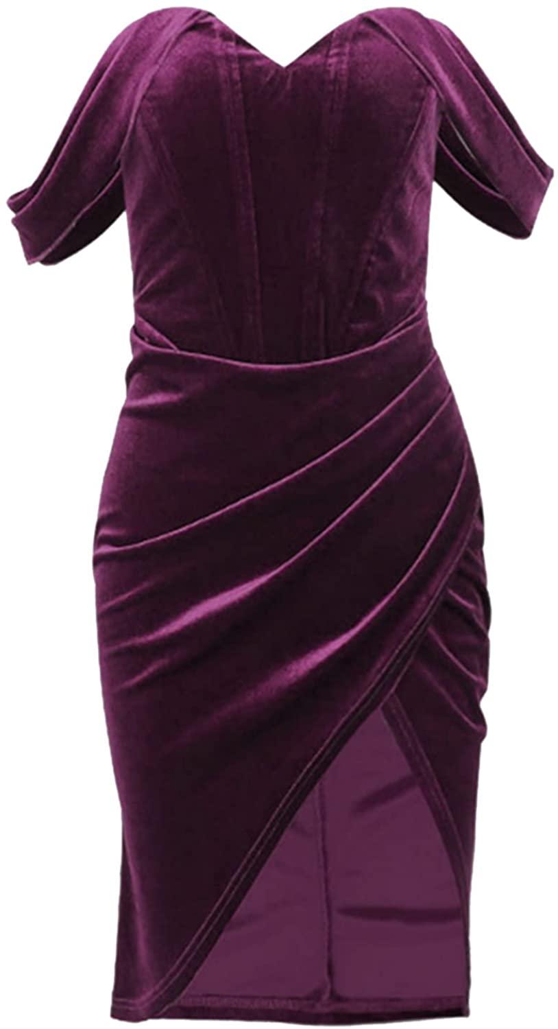 Women's Off Shoulder Banquet Dress Backless Side Slit Bodycon Midi Dress