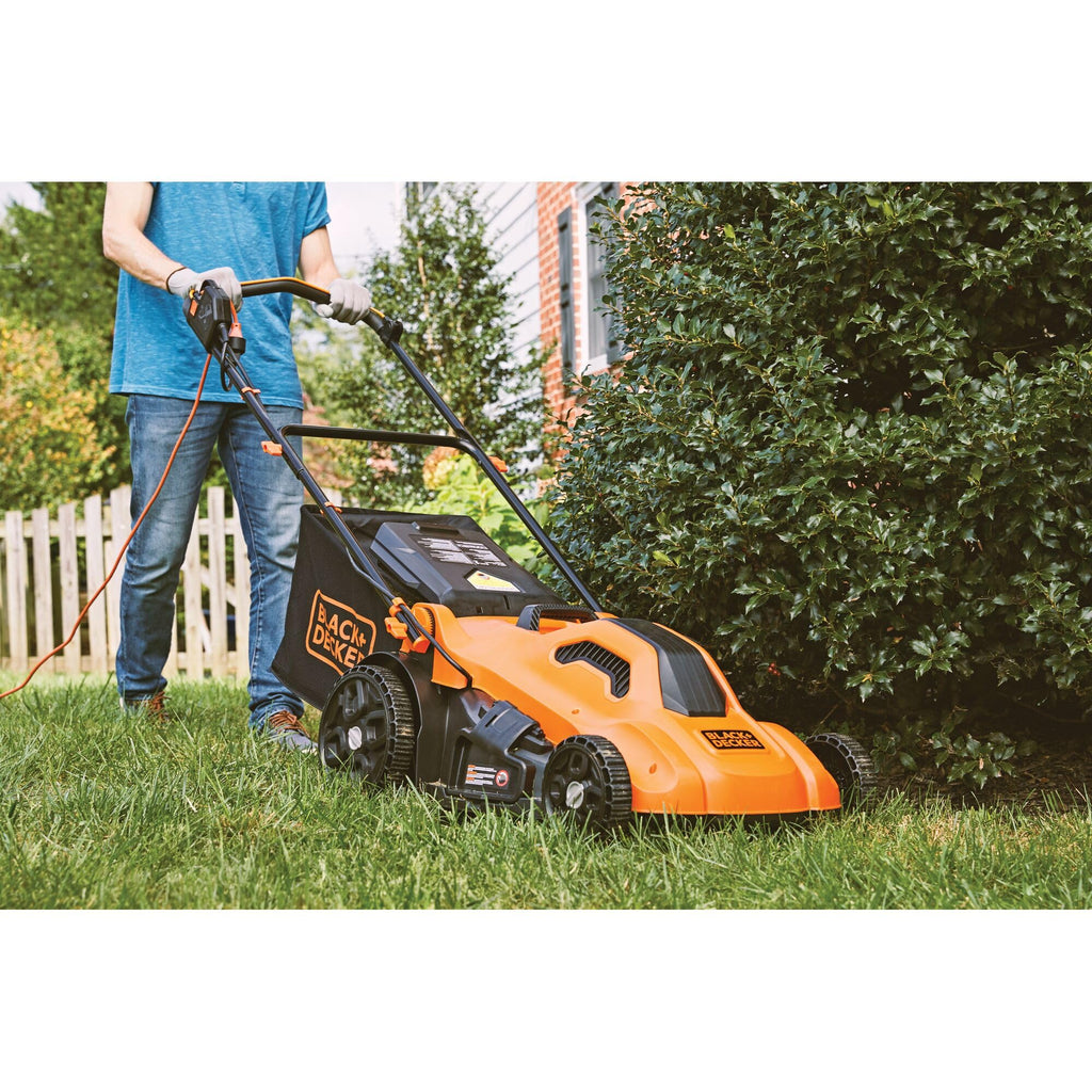 Electric Push Lawn Mower, Corded, 13 Amp, 20-Inch Cutting Deck, 6 Setting Height Adjustment, Compact Storage, Collection Bag (BEMW213)