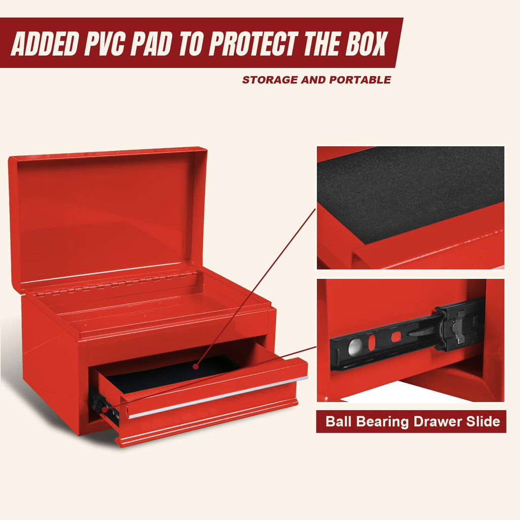 APBT701RB 10" Mini Portable Steel Tool Box with drawer,Small Metal Tool Chest for Home,Garaor Workbench,Red