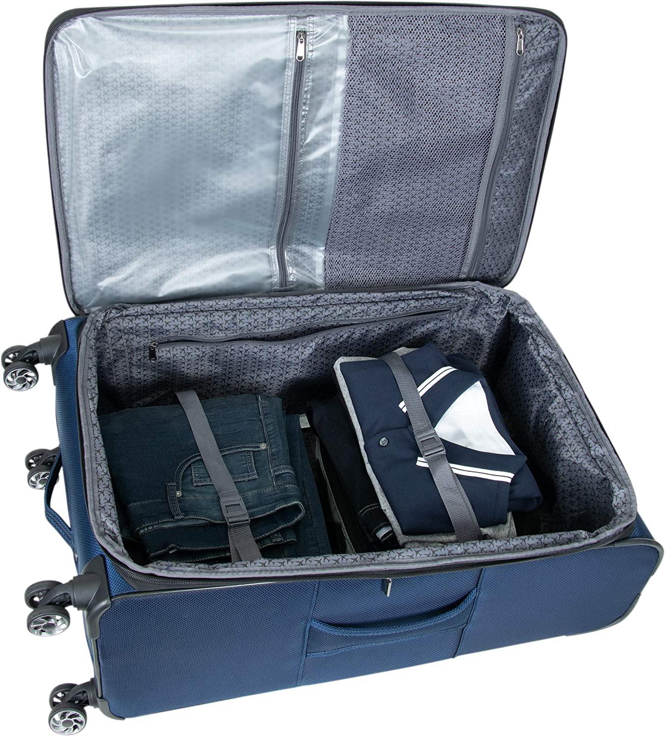 Rugged Roamer Luggage Collection Lightweight Softside Expandable 8-Wheel Spinner Travel Suitcase Bag, Navy, 28-inch Check Only