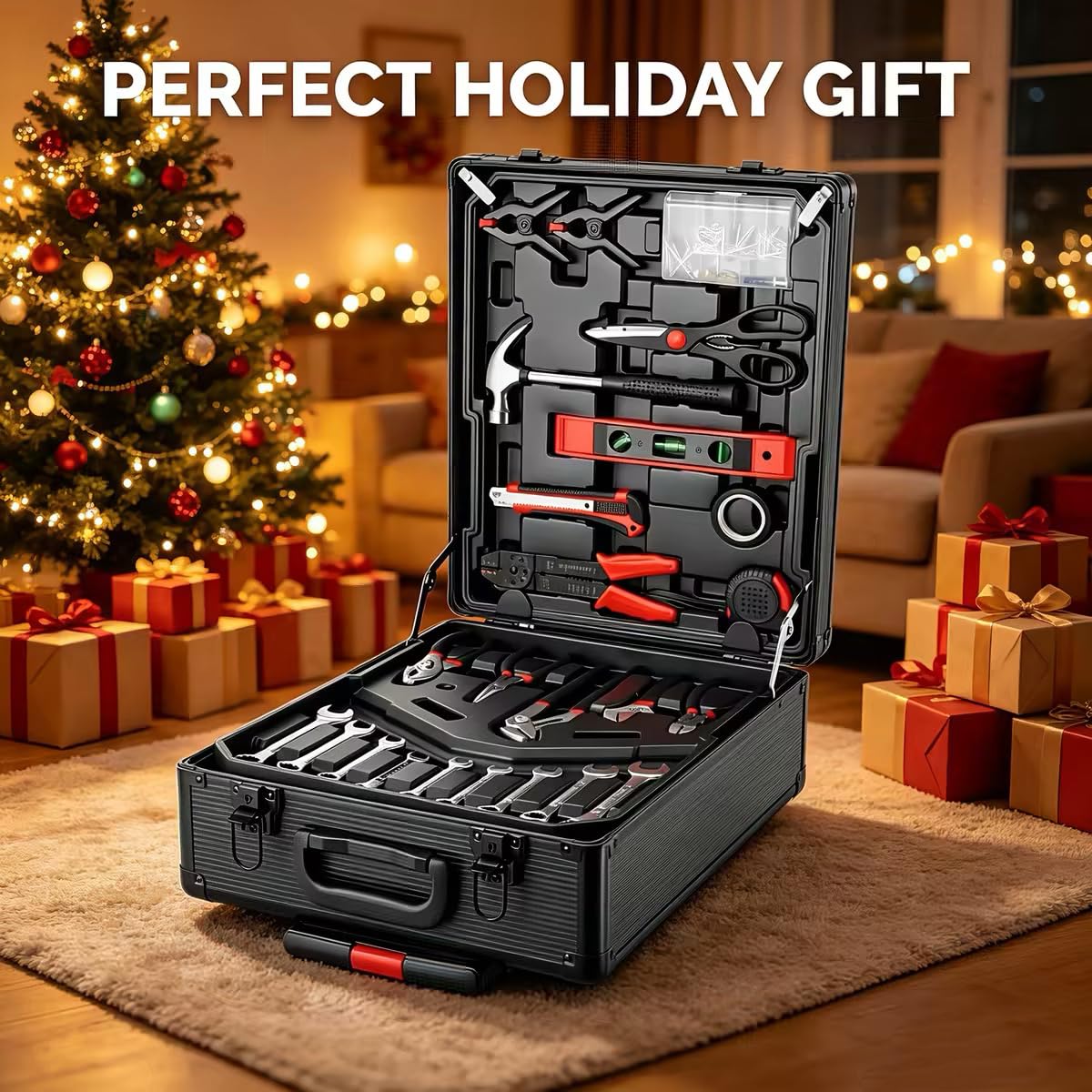 799pcs Aluminum Trolley Case Tool Set Silver, House Repair Kit Set, Household Hand Tool Set, with Tool Belt,Gift on Father's Day (Black)