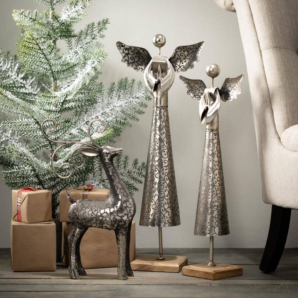 26 in. Multicolor Iron and Wood Holiday Angel Figurine - Set of 2