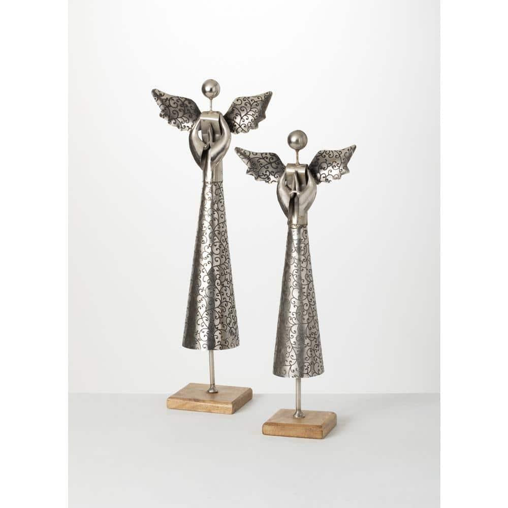 26 in. Multicolor Iron and Wood Holiday Angel Figurine - Set of 2