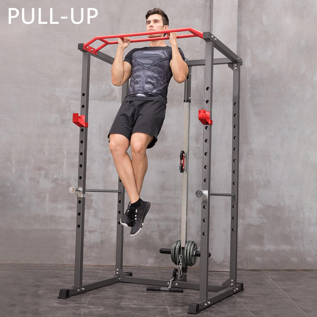 VONCOS Olympic Power Cage, 1000 lbs Light Commercial Weight CaWithsafety Bars and Other Attachments (Red-Black Power Ca)