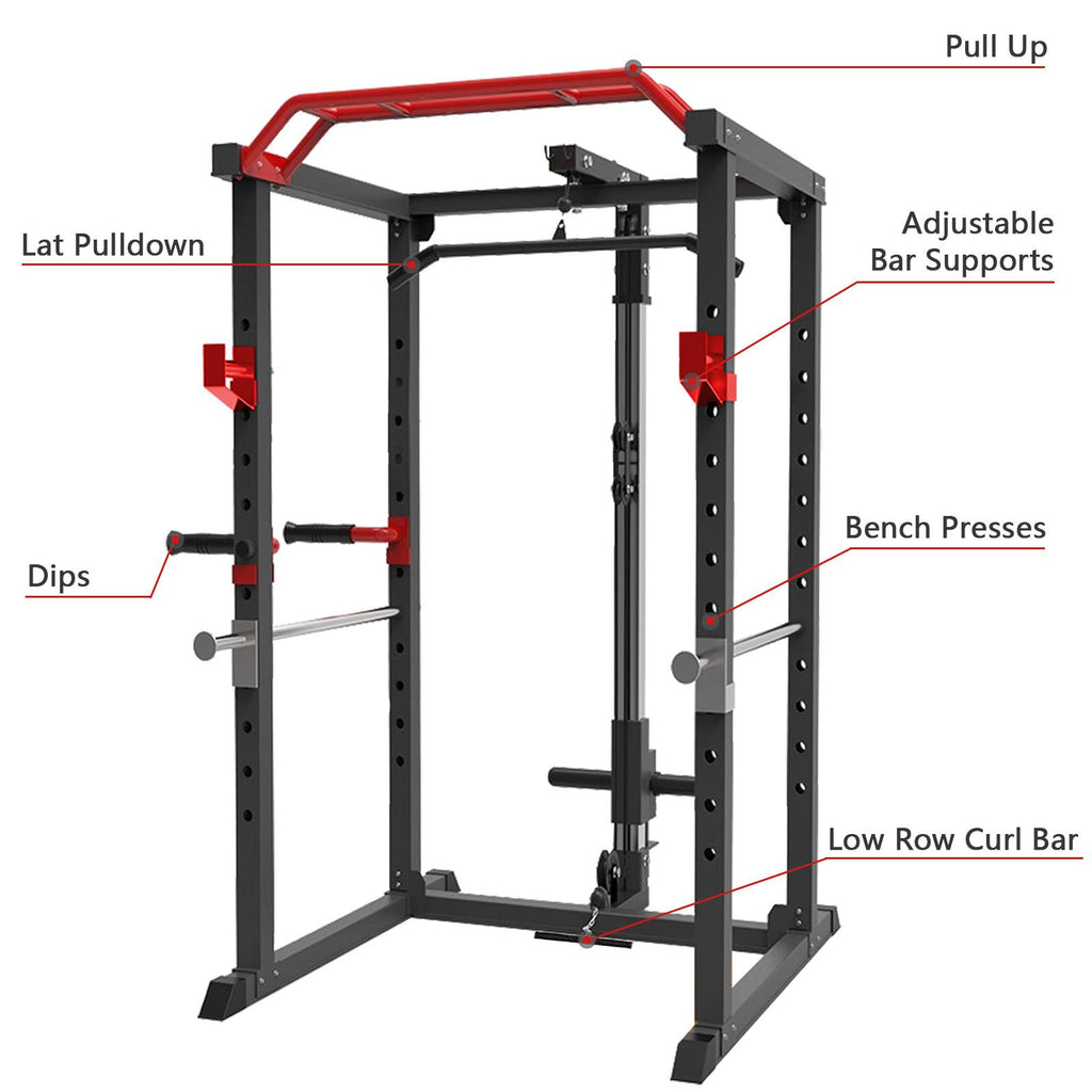 VONCOS Olympic Power Cage, 1000 lbs Light Commercial Weight CaWithsafety Bars and Other Attachments (Red-Black Power Ca)