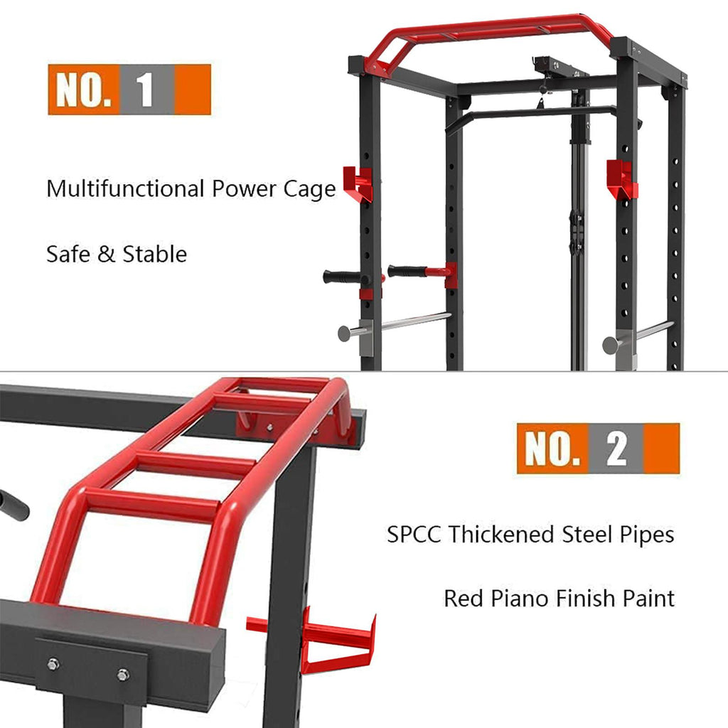 VONCOS Olympic Power Cage, 1000 lbs Light Commercial Weight CaWithsafety Bars and Other Attachments (Red-Black Power Ca)