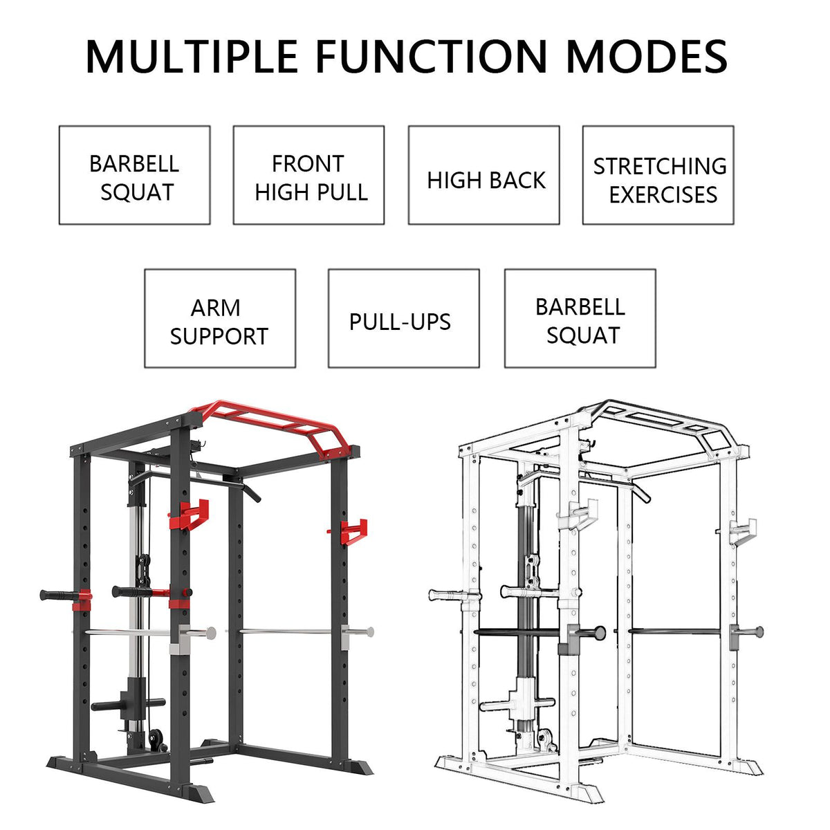VONCOS Olympic Power Cage, 1000 lbs Light Commercial Weight CaWithsafety Bars and Other Attachments (Red-Black Power Ca)