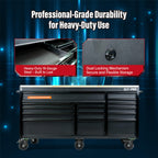 72 inch Heavy Duty Mobile Tool Chest Tool Box, with Solid Top Workbench, 15-Drawer Rolling Tool Chest, Tool StoraOrganizer for Garage, Workshop, and Home, Black