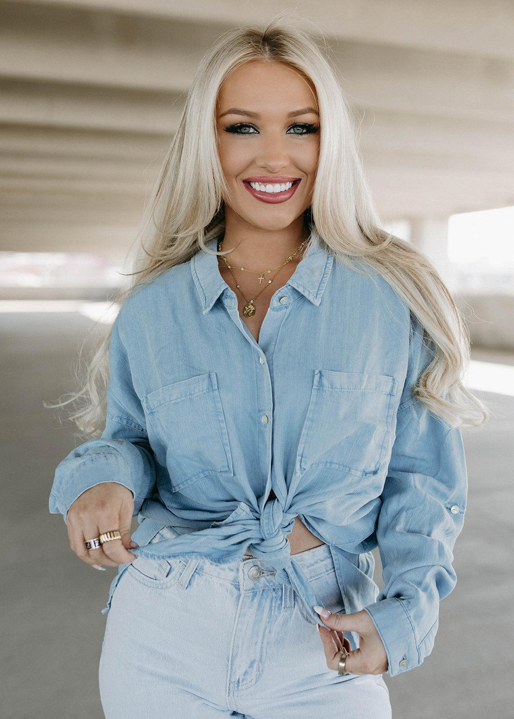 arianna button tie top - blue skies