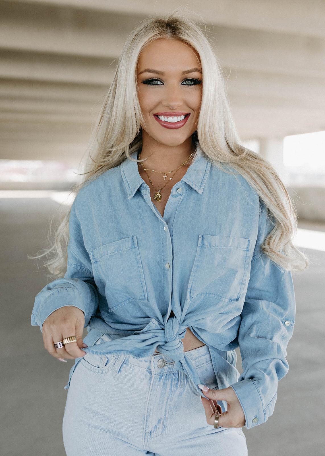 arianna button tie top - blue skies