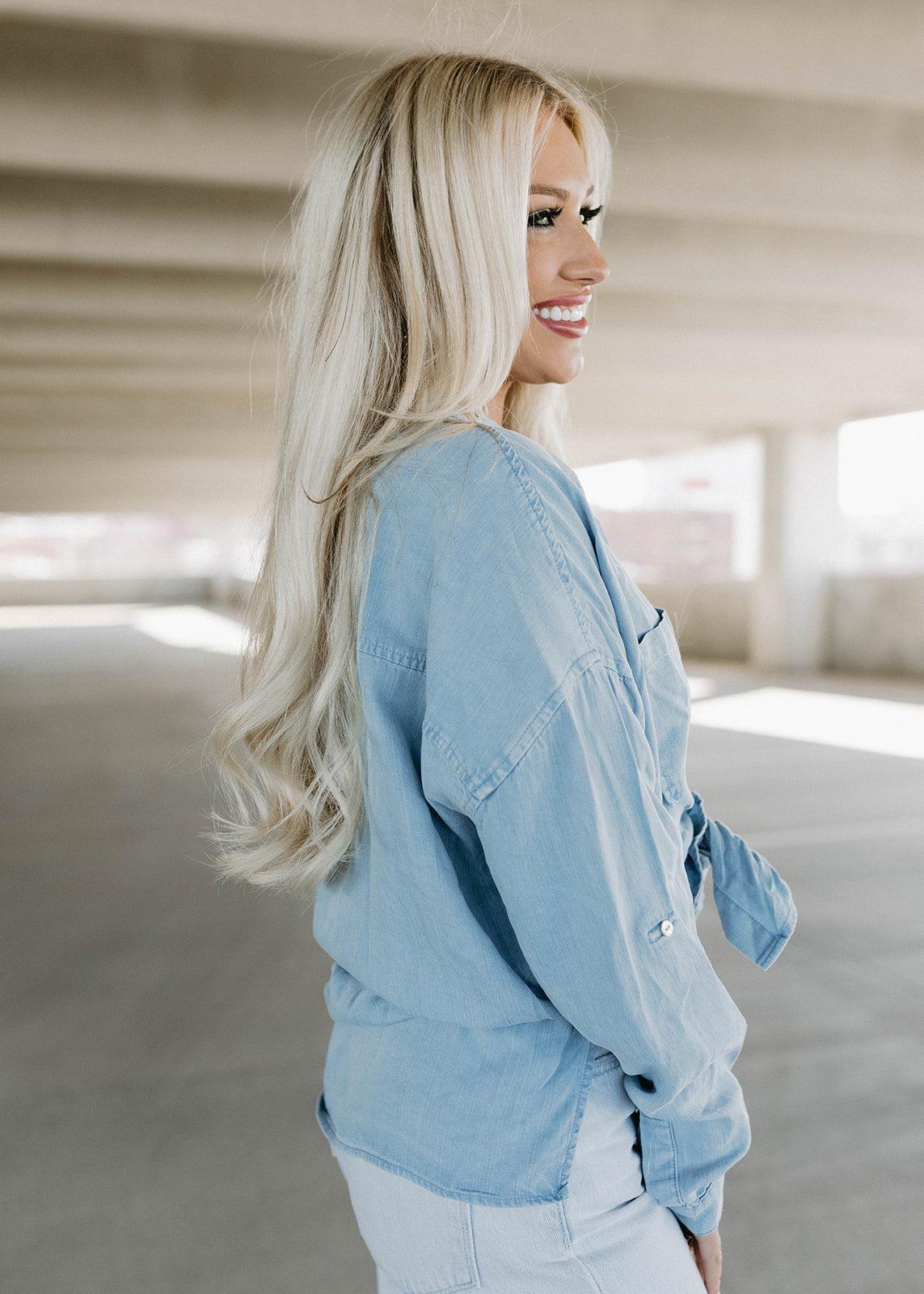 arianna button tie top - blue skies