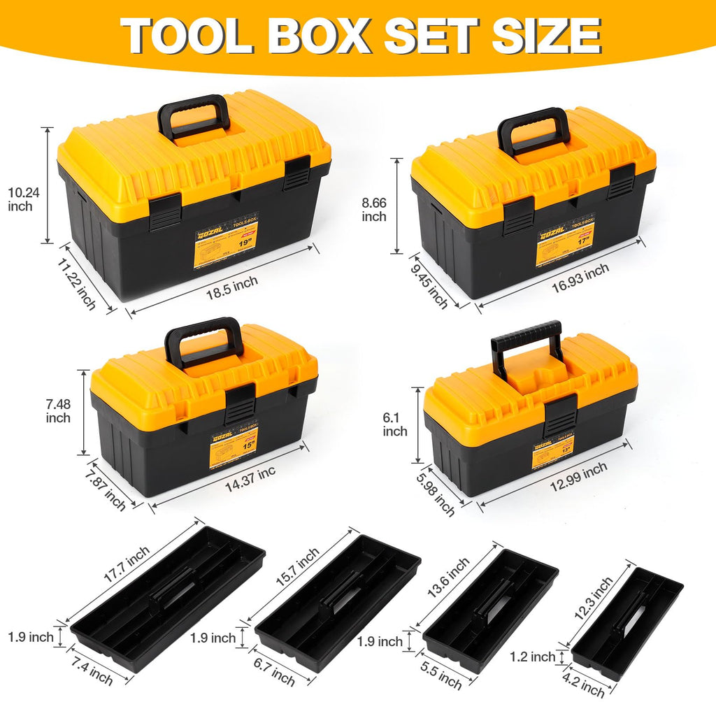4 Pack Heavy Duty Plastic Tool Box Set, Stackable Portable Boxes, 13-19" | Removable Trays, Nesting, Adjustable Dividers, 50 lb Capacity, Modular Storage, Stackable, Garage, Workshop, Jobsite, Home