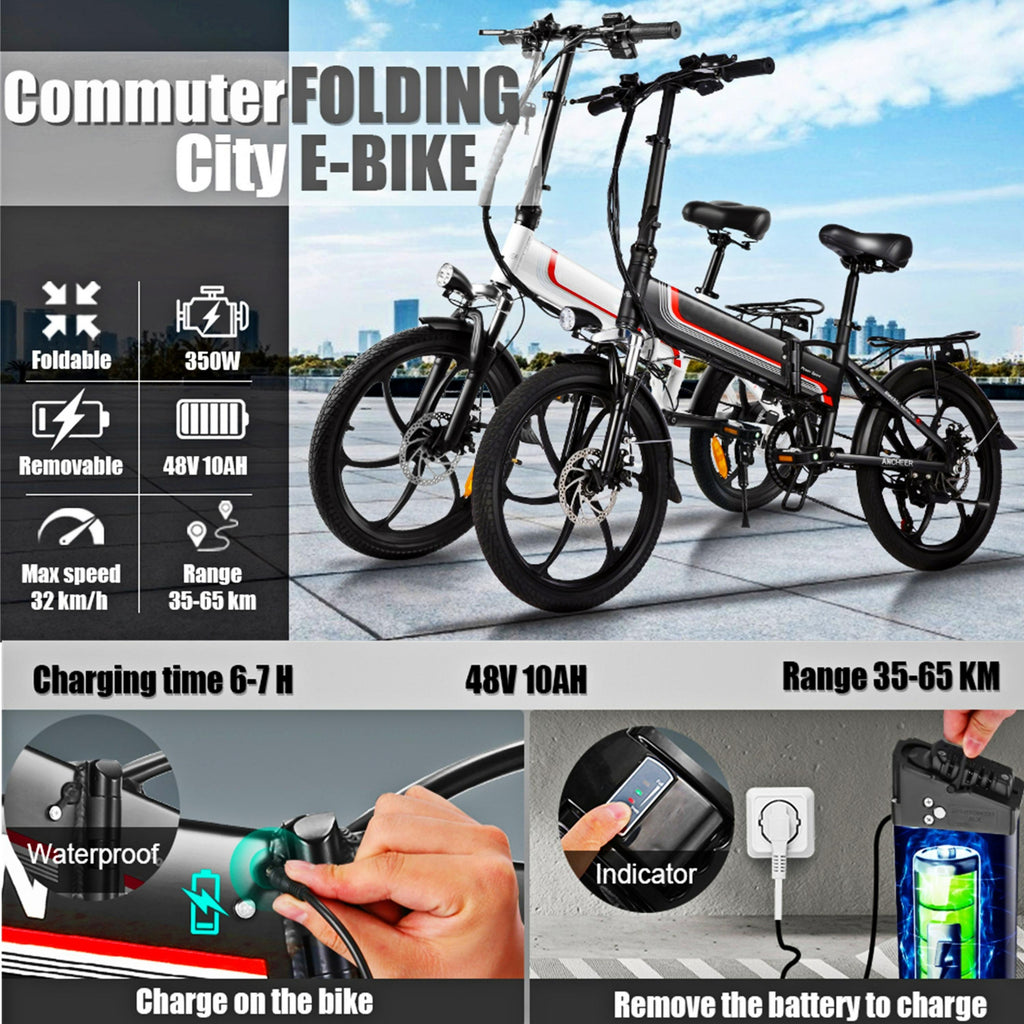 Ayner Folding Electric Bike for Adult, 20 In. Electric Commuter Bicycle E-Bike with 48V 10.4AH Removable Battery, 350W Motor and Professional Rear 7 Speed Gear, White
