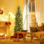 Gymax 6FT Hinged Pre-lit Christmas Slim Pencil Tree w/ 10 Lighting Modes &amp; 648 Tips
