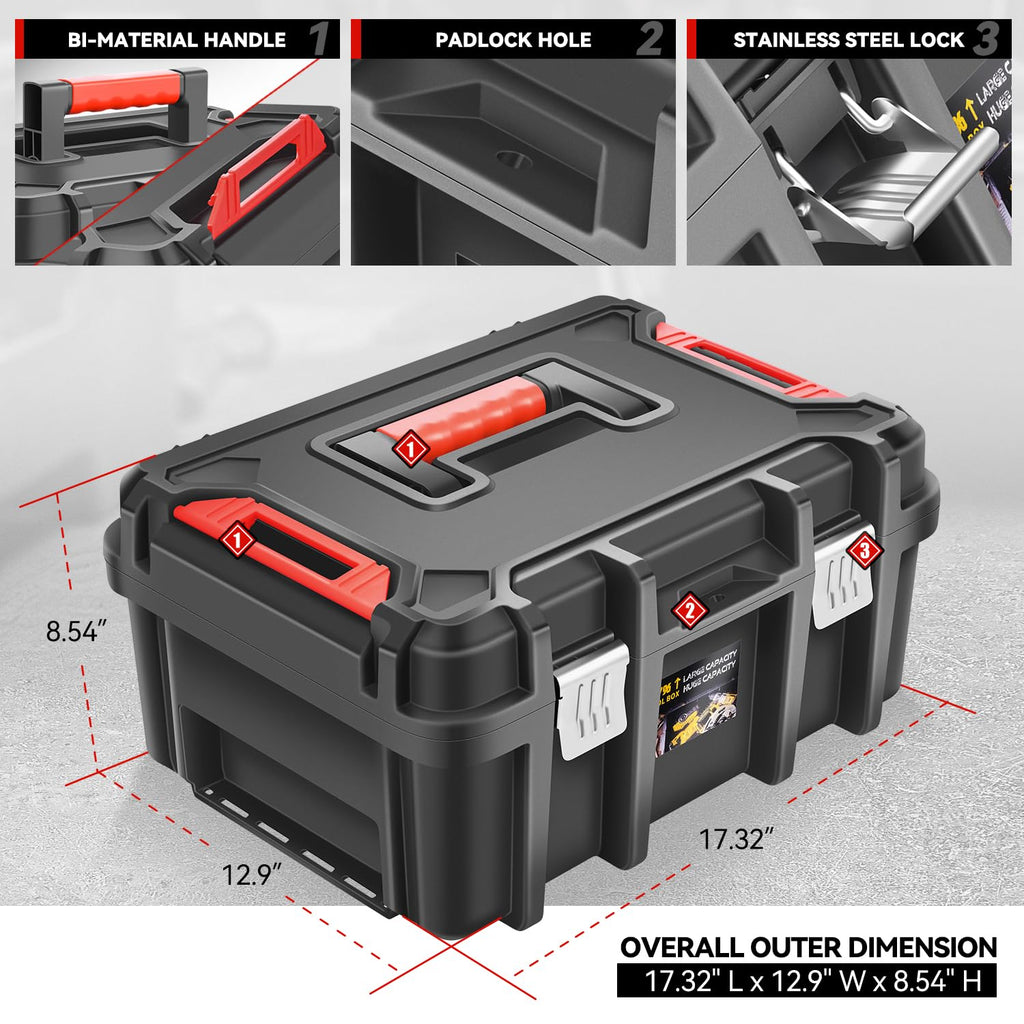 2Pcs Universal Lockable Organizer StoraTool Boxes with Removable Tray For GaraWorkshop and Household, High Capacity, Black/Red