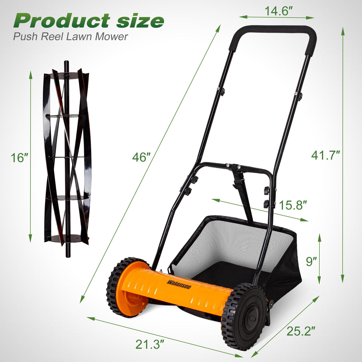 Manual Reel Lawn Mower with Grass Catcher, 16-Inch Cutting Width | 16-inch cutting width for efficient yard care, manual push mower with 7.9-gallon grass collection bag for quiet, clean mowing