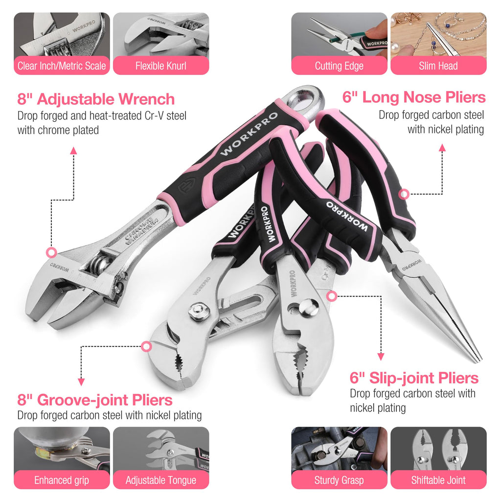 Pink Tool Set, 277 PCS Home Repairing Tool Kit, Pink Tool Bag with 13-Inch Wide Mouth Open StoraBag, Portable Home Tool Kit Including Hammer, Screwdriver, and Household Tools - Pink Ribbon