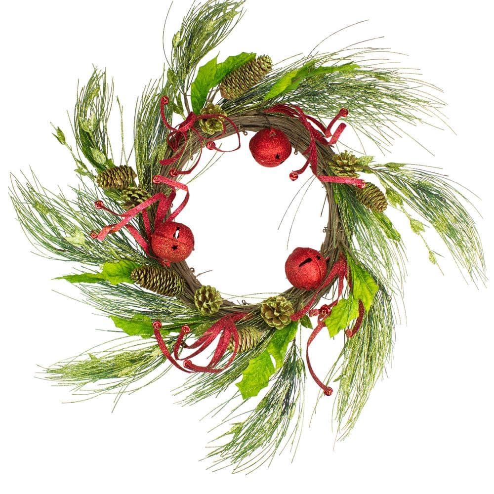 21 in. Unlit Artificial Wreath Christmas Brites Jingle Bell Glitter in Red and Green