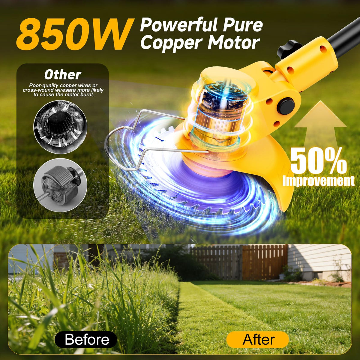 Electric Weed Wacker Cordless with Wheels,Electric Weed Eater Battery Powered,4 in 1 Grass Trimmer/Brush Cutter/Grass Edger/Small Lawn Mower,No String Trimmer with Metal Blade,2 Battery
