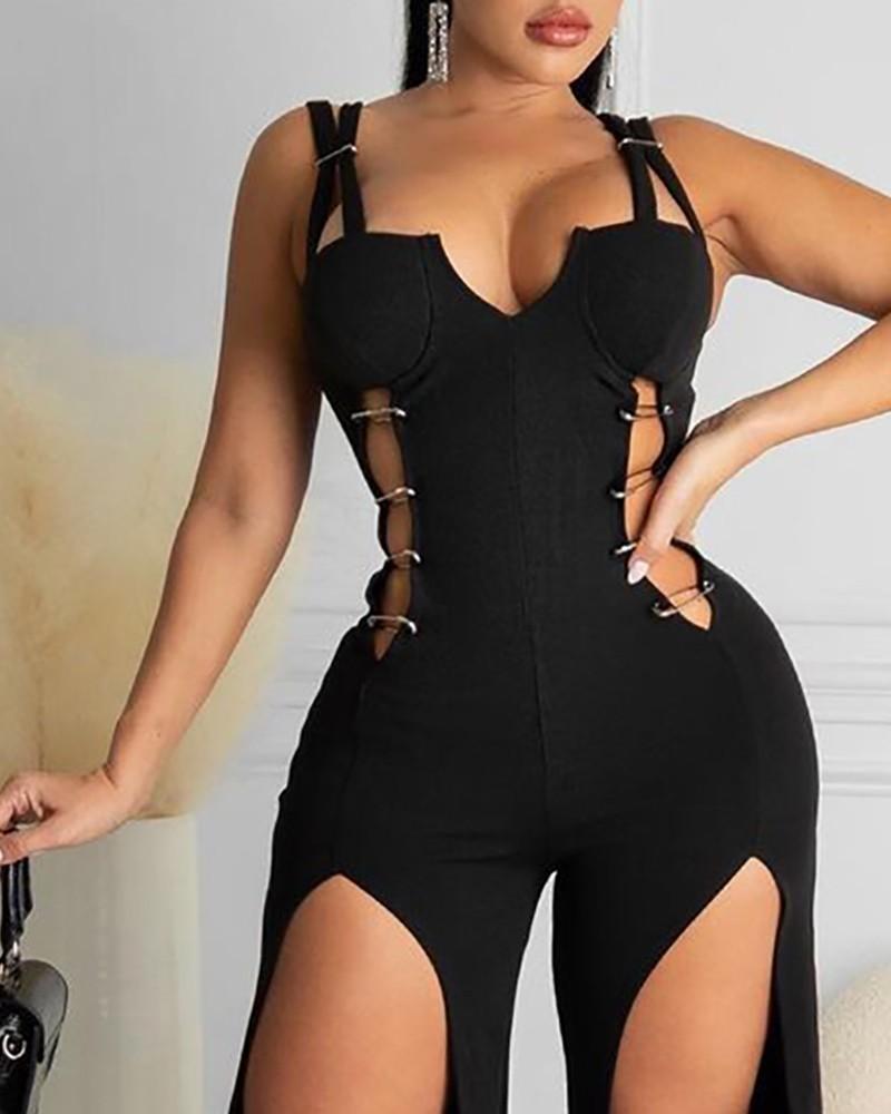 pin decor cutout slit leg jumpsuit