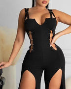 pin decor cutout slit leg jumpsuit