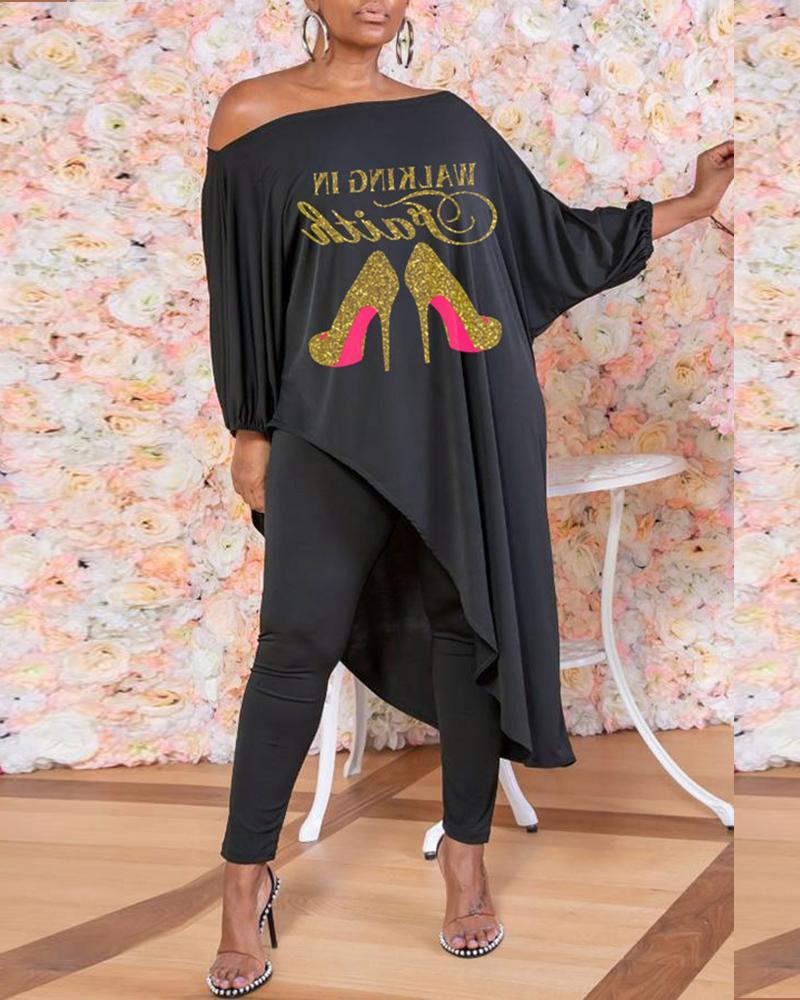 batwing sleeve letter graphic print slit top &amp; pants set