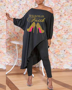batwing sleeve letter graphic print slit top &amp; pants set