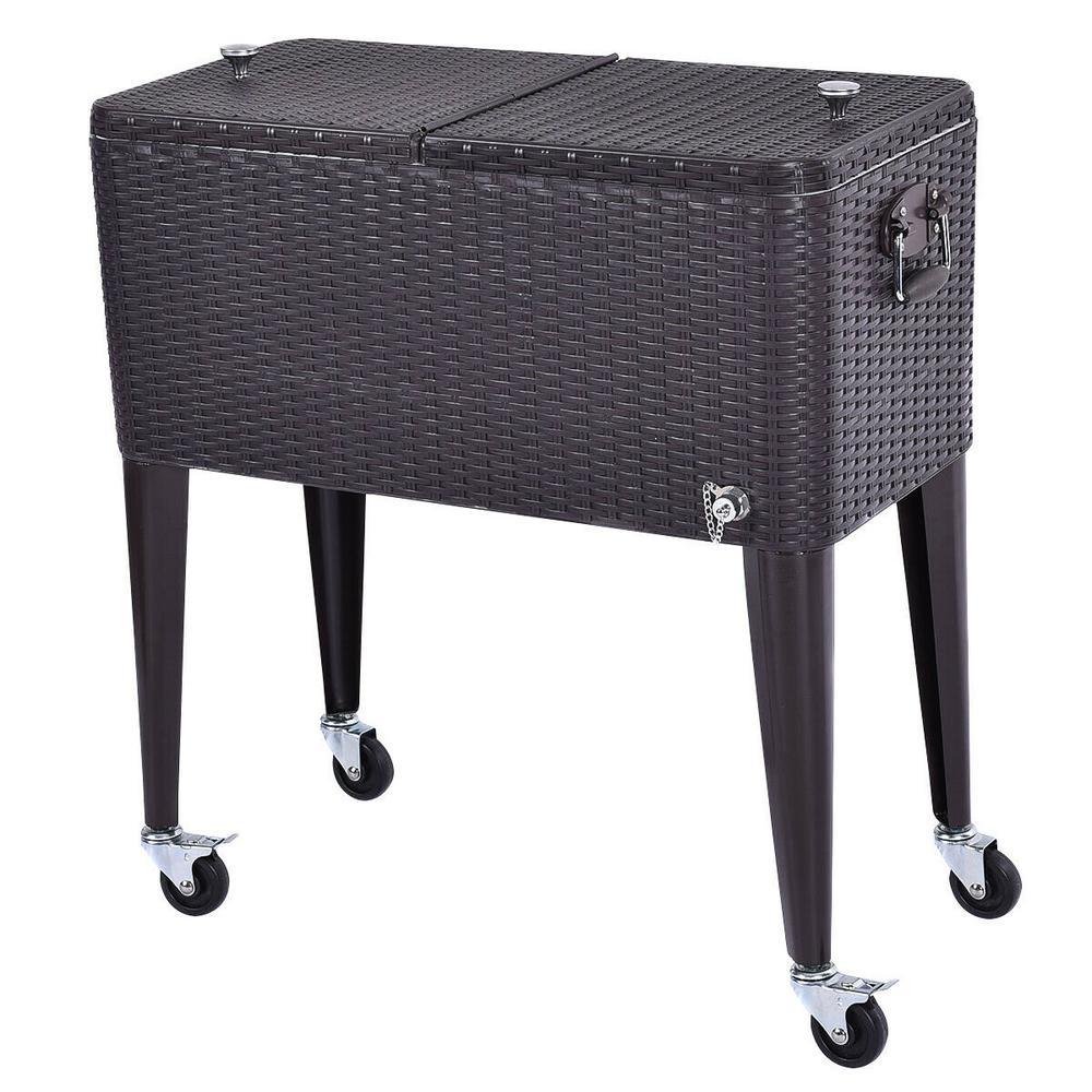 80 Qt. Rattan Party Portable Ice Beer BeveraOutdoor Rolling Chest Cooler Cart