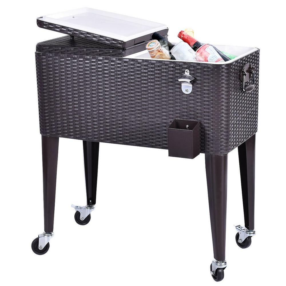 80 Qt. Rattan Party Portable Ice Beer BeveraOutdoor Rolling Chest Cooler Cart