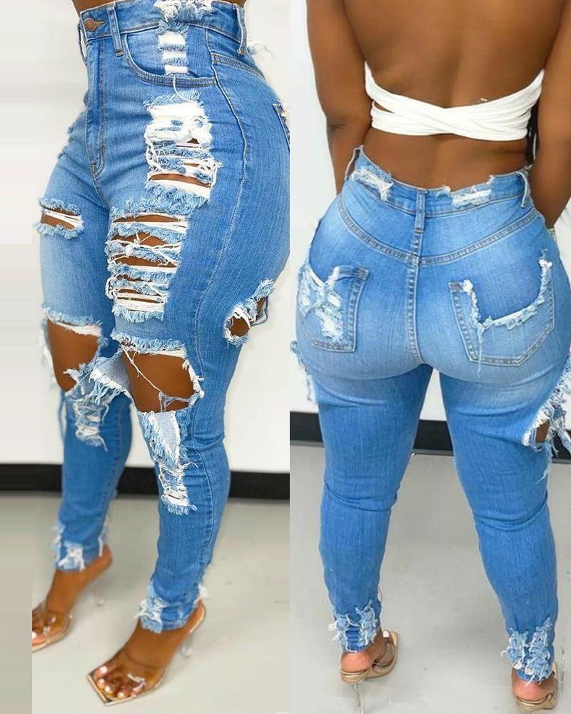 high waist ripped raw hem skinny jeans