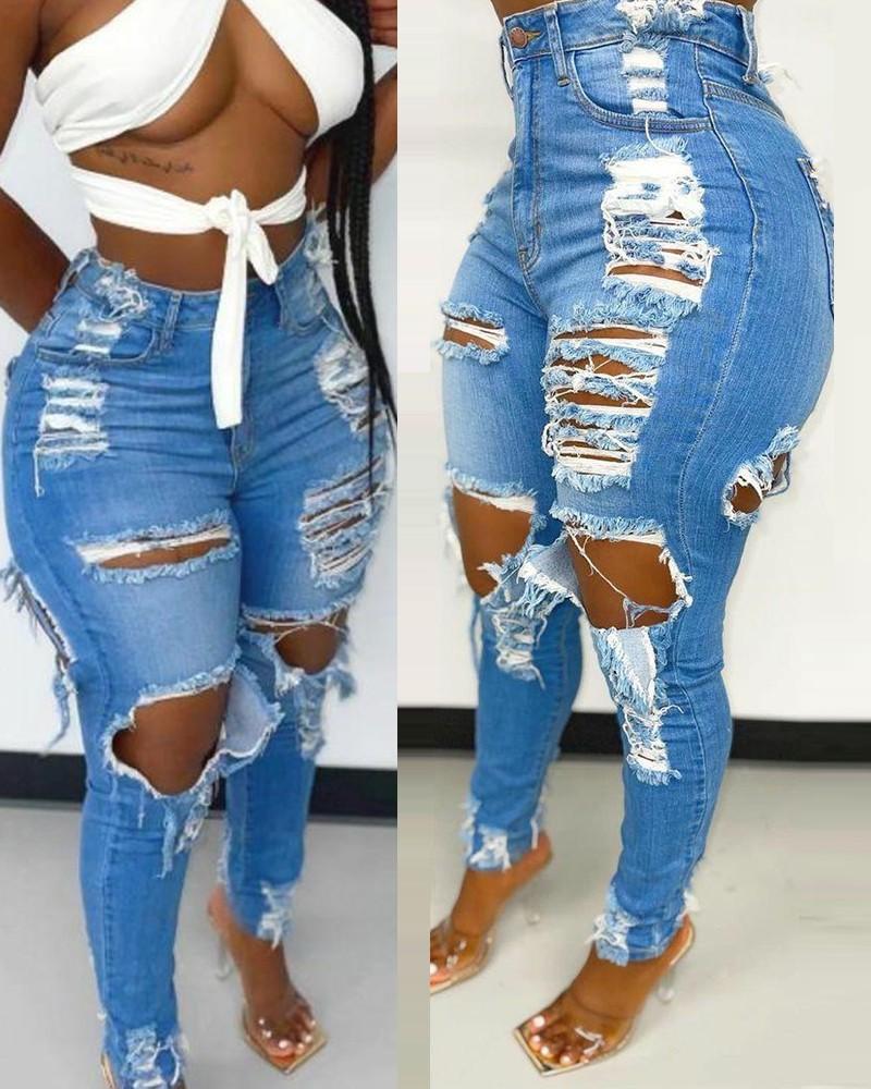 high waist ripped raw hem skinny jeans