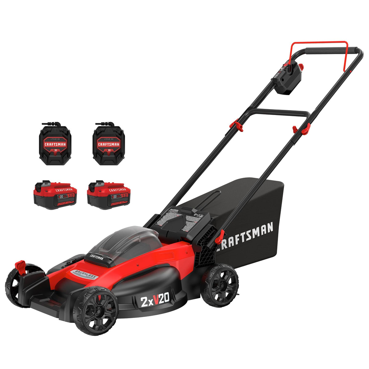 V20 20 in Lawn Mower, 2 x 5Ah Batteries and 2 Chargers Included, High Effeciency Brushless Motor, Push Mower, Up to 50 Min of Runtime, Lightweight, Grass Bag, Low Profile (CMCMW220P2)