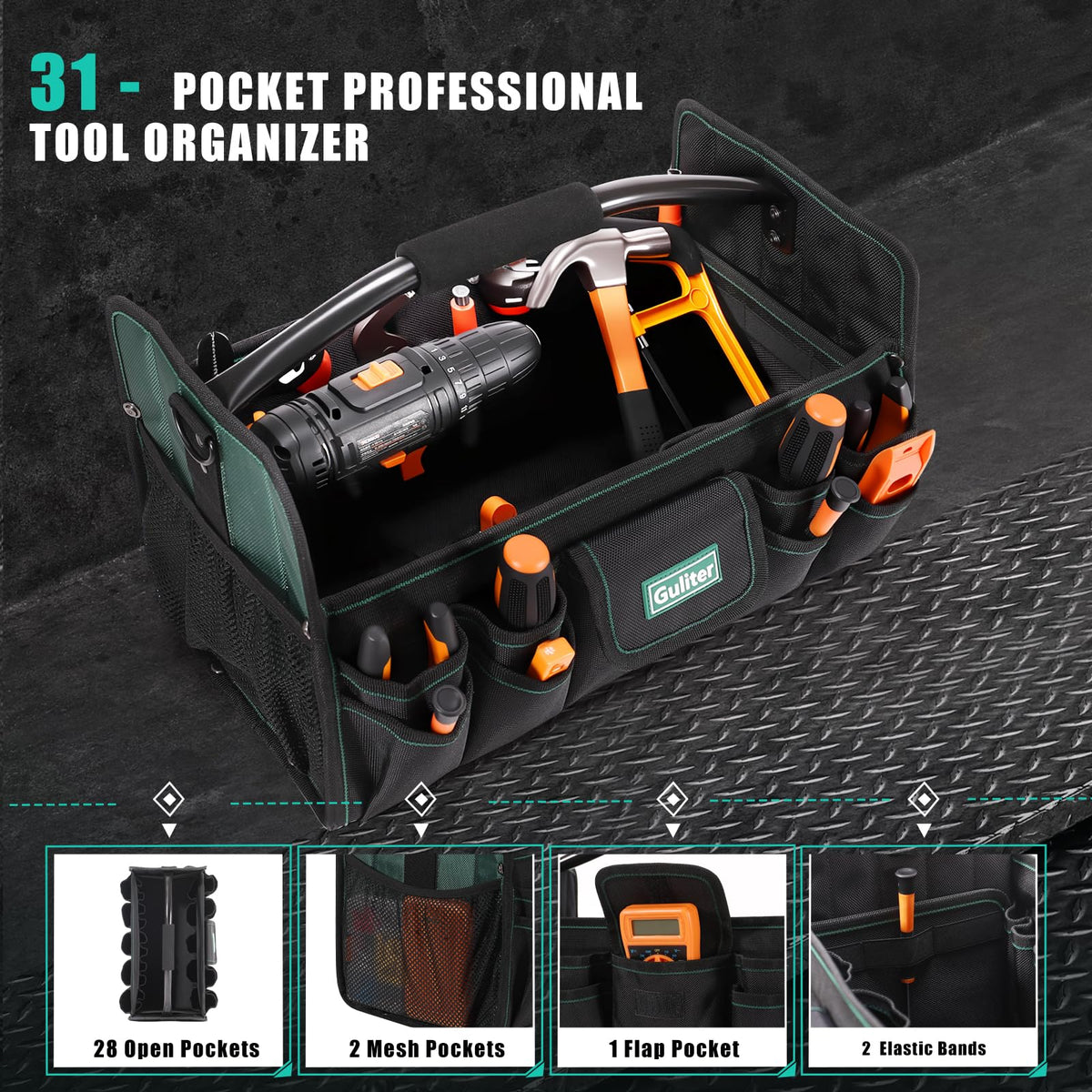 17 Inch Tool Bag,Electrician Tool Bags,Heavy Duty Open Top Tool Tote,31 Pocket Tool Box Organizer with  Steel Handle & Adjustable Shoulder Strap, Black/Green