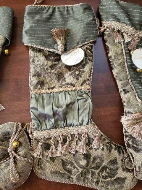 Seasons of Serendipity Christmas Tree Skirt &amp; 3 Stockings Green Gold Embellish