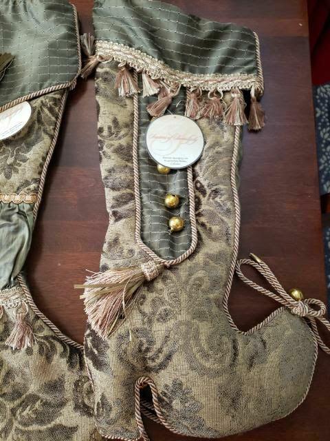 Seasons of Serendipity Christmas Tree Skirt &amp; 3 Stockings Green Gold Embellish
